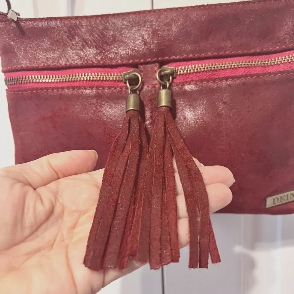 Borse In Pelle-Deines-Soft Calf Leather Crossbody Red Purse-Tassels-Adj Strap - Picture 6 of 15